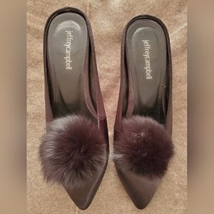 Last Chance * Jeffrey Campbell NINON POINT TOE MULES IN BLACK wedge heel pom pom